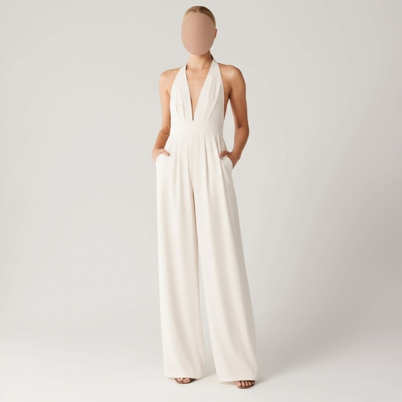 Jill Stuart Pants - Jill Stuart Halter Wide Leg Jumpsuit White Off-White Elegant Flowy Deep V-Back